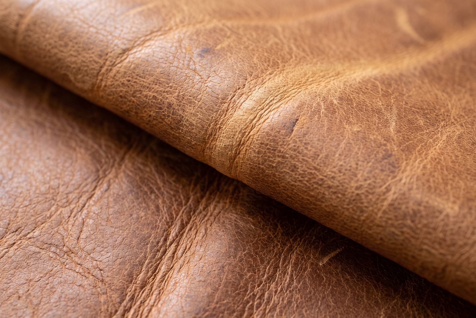 Macro of a folded edge of aged tan top-grain buffalo hide, showing open pores, natural growth marks and irregular tonal variation