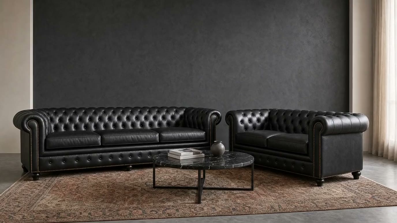 Two black leather Ashvane sofas, deep-buttoned and trimmed with antique brass studs, in a charcoal-walled room