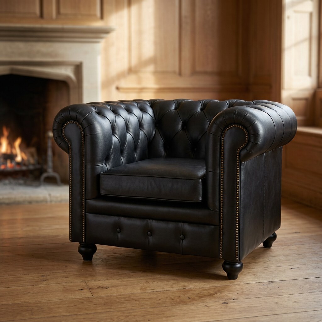 The Beaumont in Black leather, beside a fireplace in an oak-panelled study