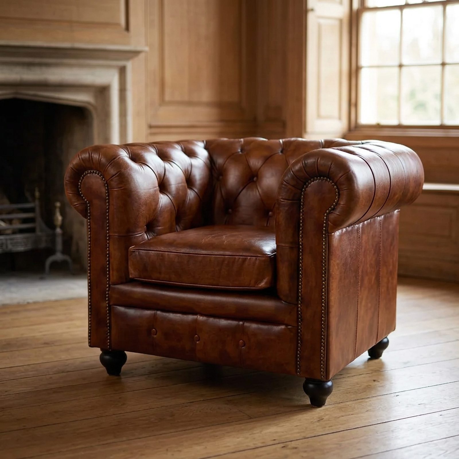 The Beaumont with a single loose seat cushion, in Aged Tan leather, three-quarter view in an oak-panelled room with a stone fireplace