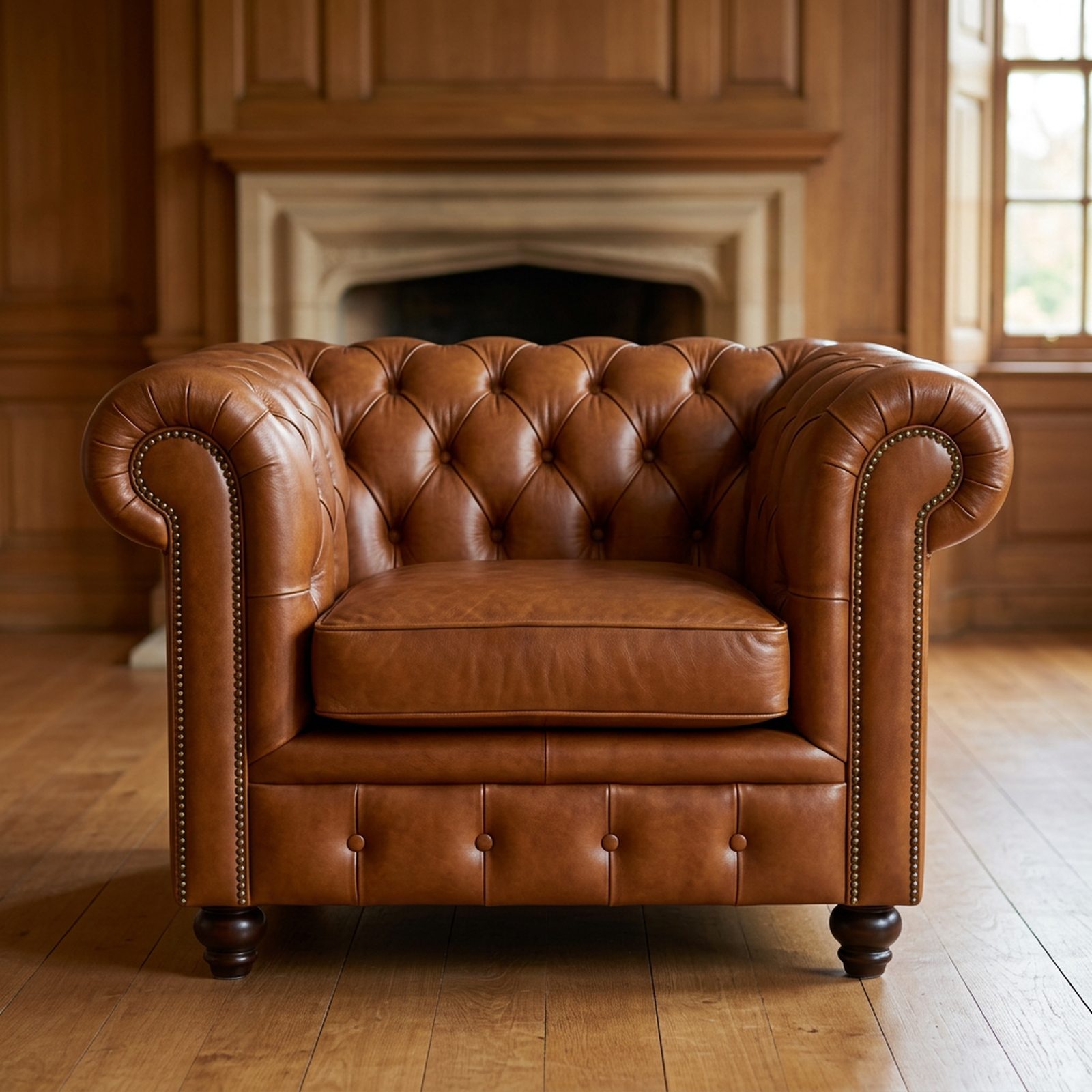 The Beaumont with a single loose seat cushion, in Laramie Brown leather, front view beside a stone fireplace
