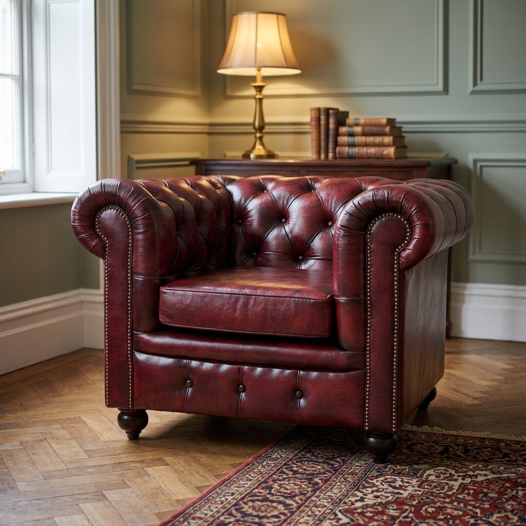 The Beaumont, Seat Cushions, in Oxblood Red leather, in a book-lined study