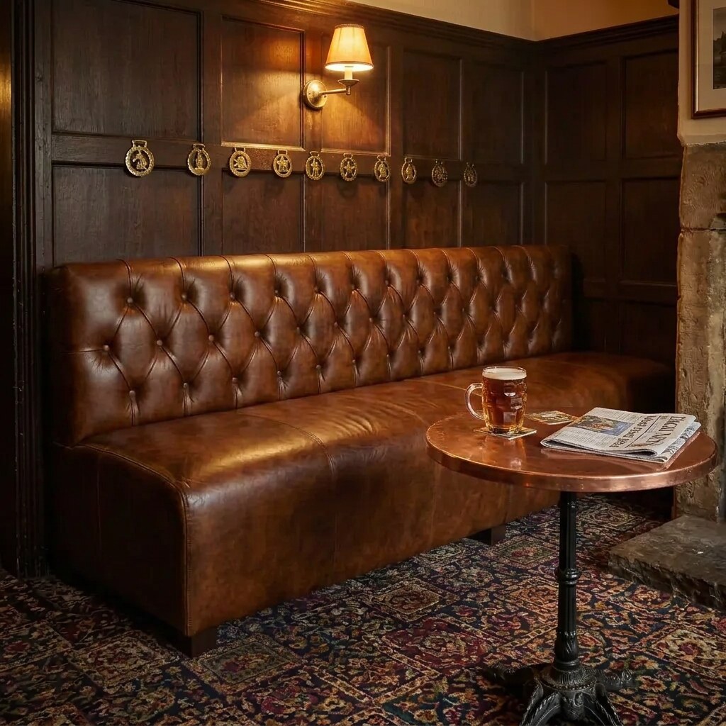 The Booth Bench 4-seater Chesterfield sofa in Dark Brown leather