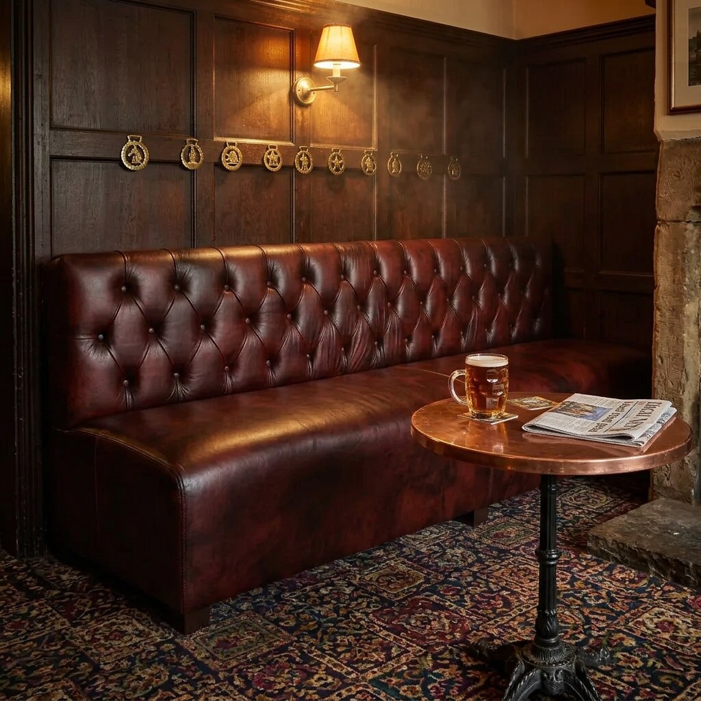 The Booth Bench, in Oxblood Red leather, fitted into a booth alcove in a traditional British pub