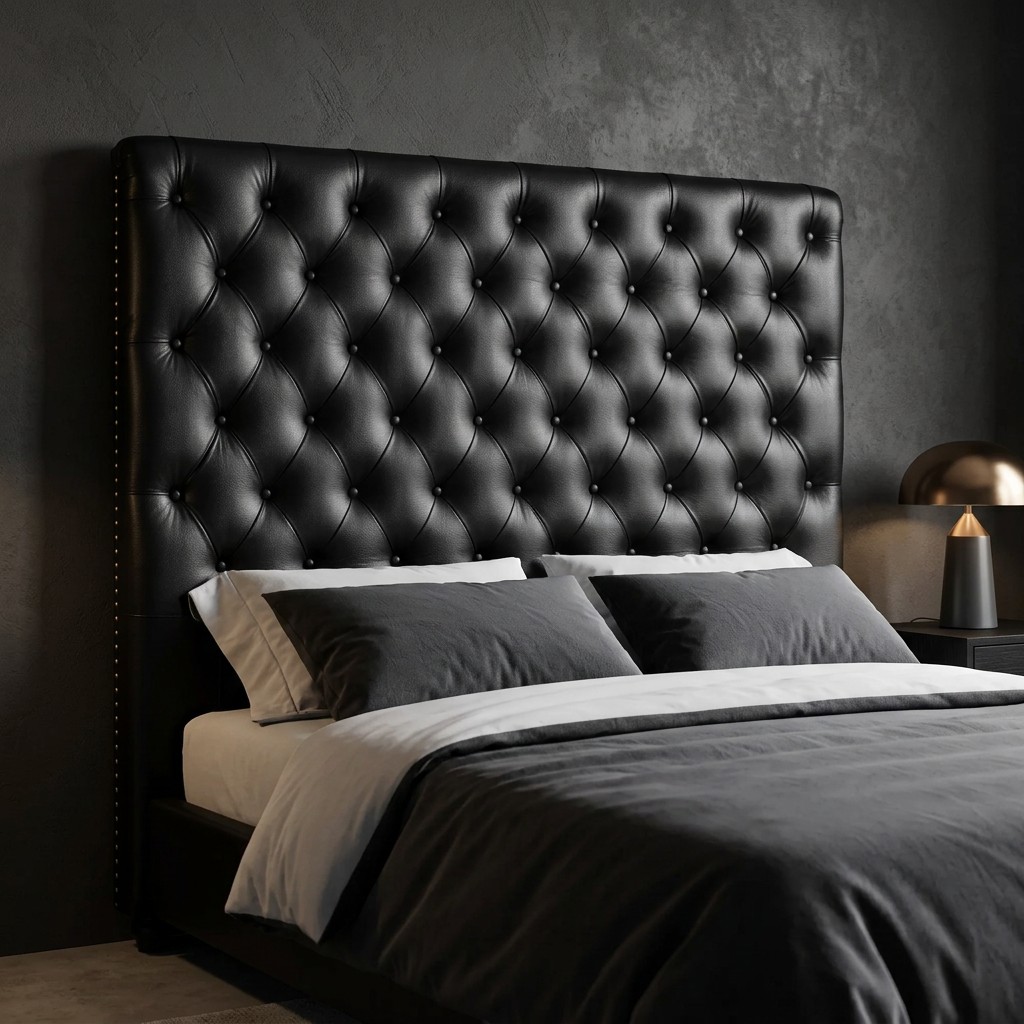The Chesterfield Headboard in Black leather, fitted at the head of a bed in a contemporary bedroom