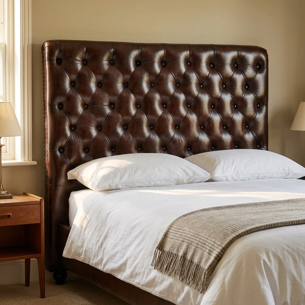 The Chesterfield Headboard in Dark Brown leather, fitted at the head of a bed