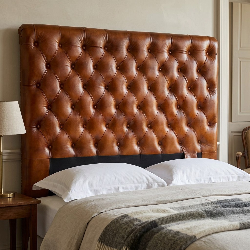 The Chesterfield Headboard in Laramie Brown leather, fitted at the head of a bed