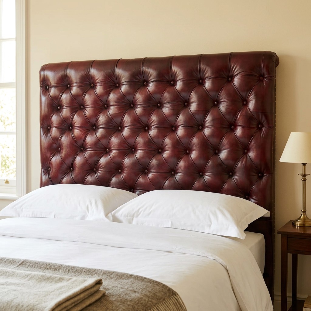 The Chesterfield Headboard in Oxblood Red leather, fitted at the head of a bed in a traditional UK bedroom