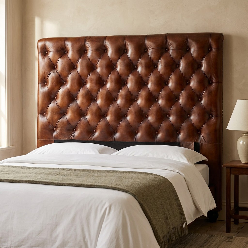The Chesterfield Headboard in Aged Tan leather, fitted at the head of a bed in a bright bedroom