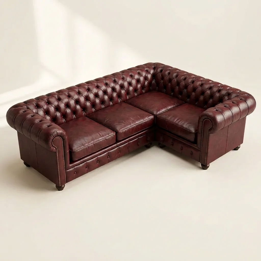 The Oakmere Corner 4-seater Chesterfield corner sofa in Oxblood Red leather, elevated view showing the full L-shaped footprint