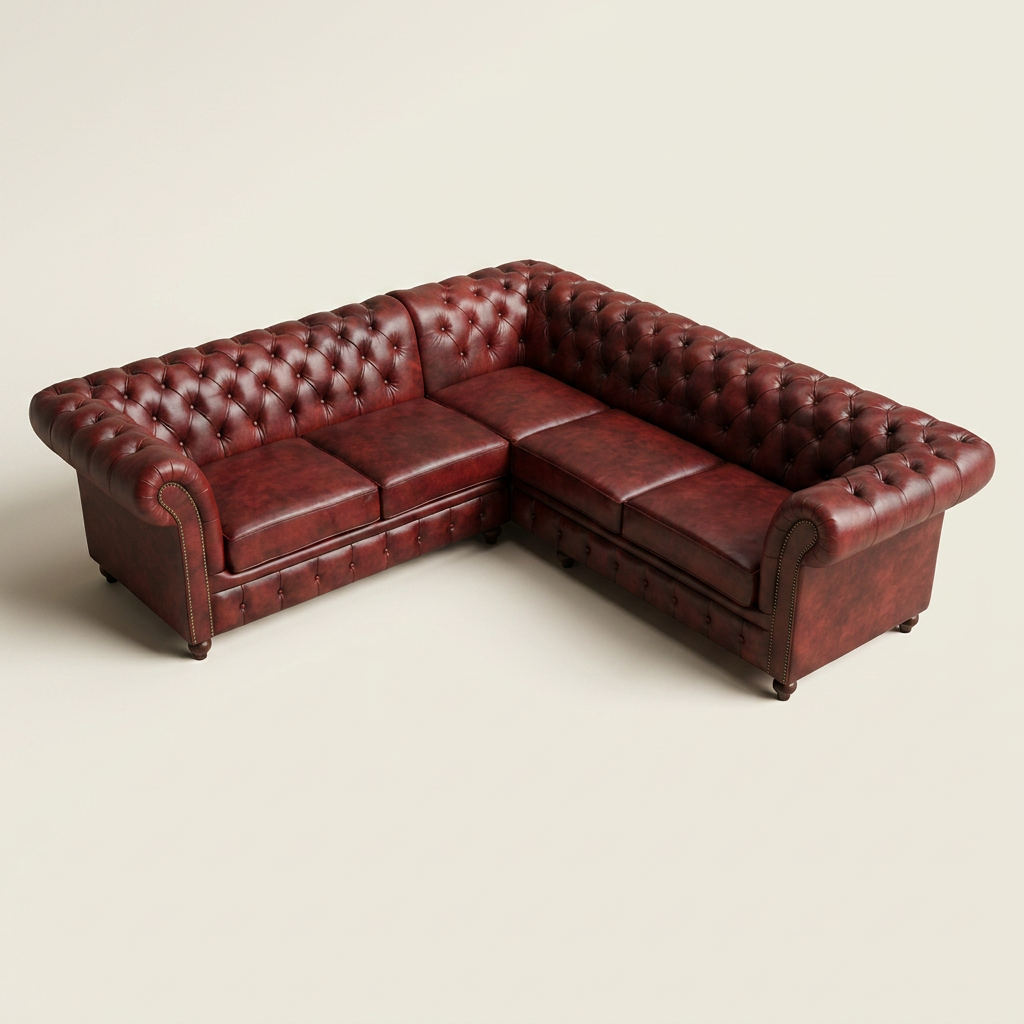The Oakmere Grand Corner 5-seater square L-shaped Chesterfield corner sofa, in Oxblood Red leather, elevated view showing the full square L-shaped footprint