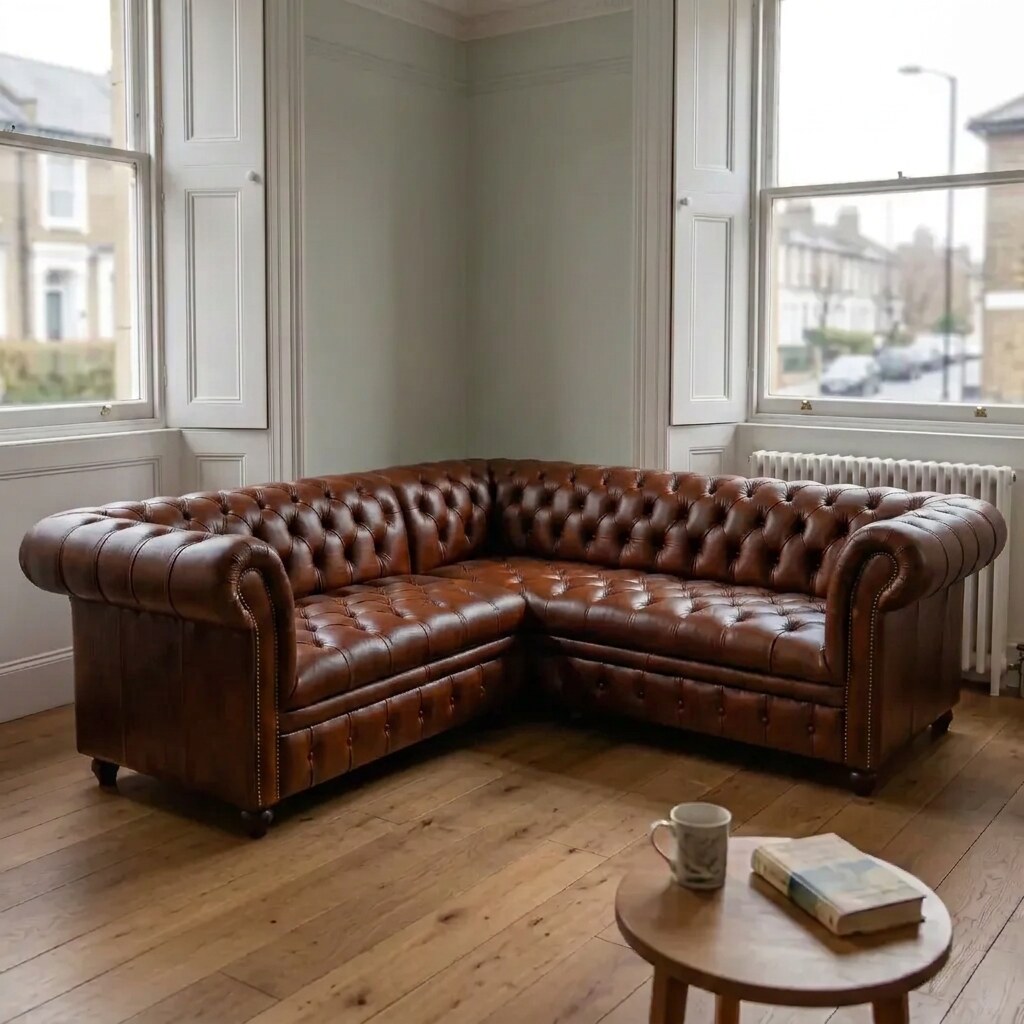 The Oakmere Corner, Tufted Bench seat, in Aged Tan leather, in a UK living room corner