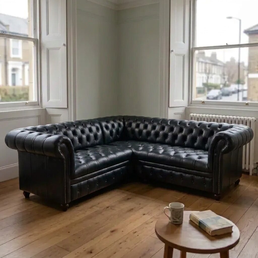 The Oakmere Corner, Tufted Bench seat, in Black leather, in a UK living room corner