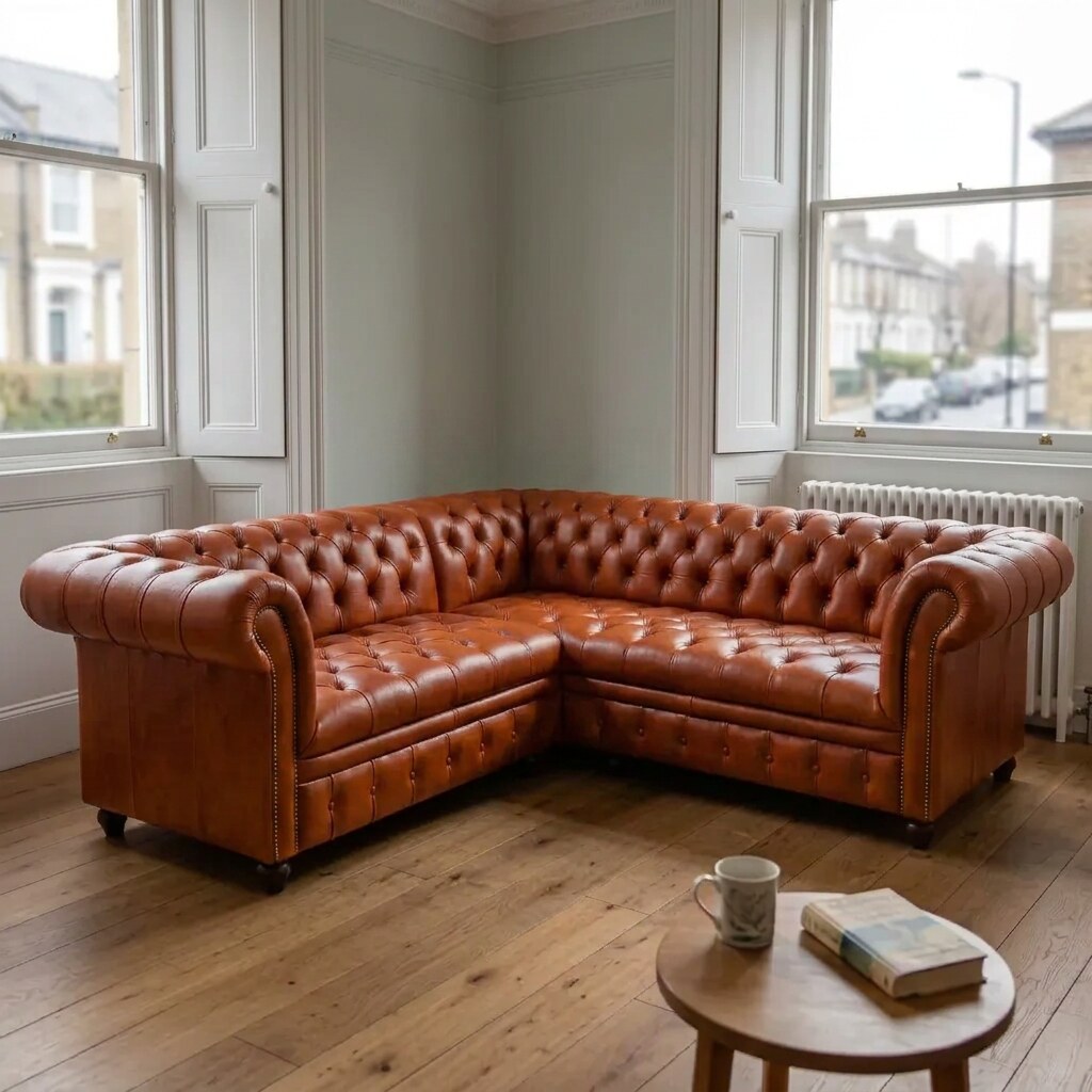 The Oakmere Corner, Tufted Bench seat, in Laramie Brown leather, in a UK living room corner