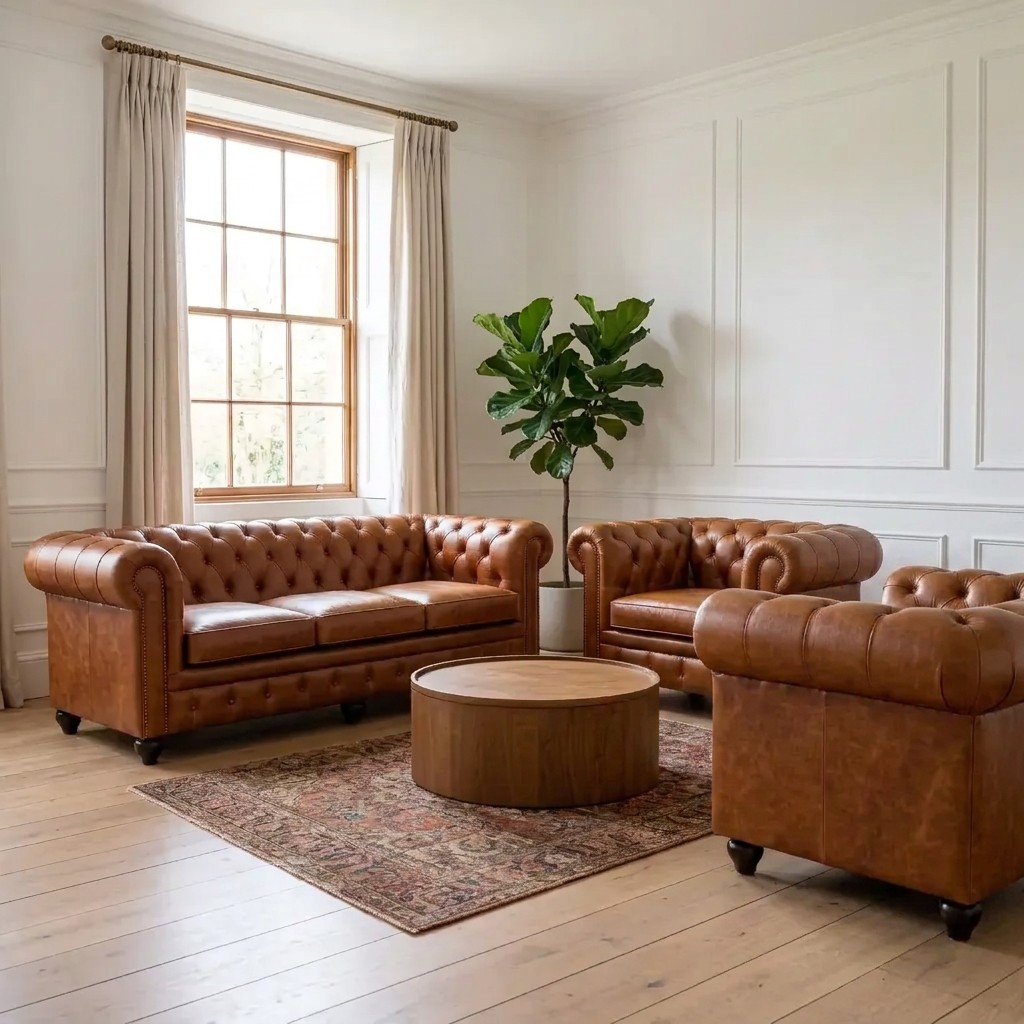 The Harrington 3-seater and two Beaumont armchairs together in Laramie Brown leather, in a Georgian drawing room