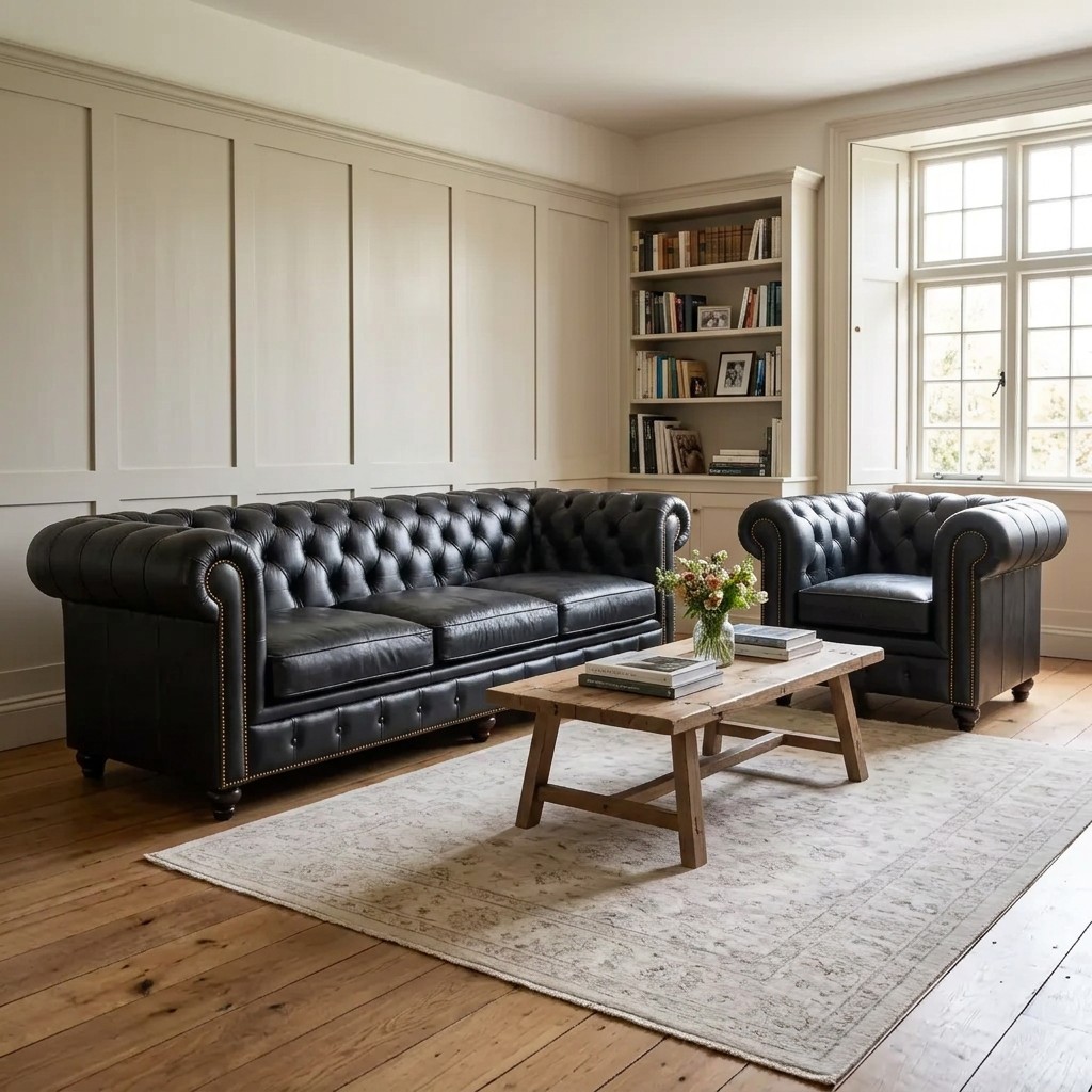 The Whitmore 4-seater and a Beaumont armchair together in Black leather, in a panelled family living room