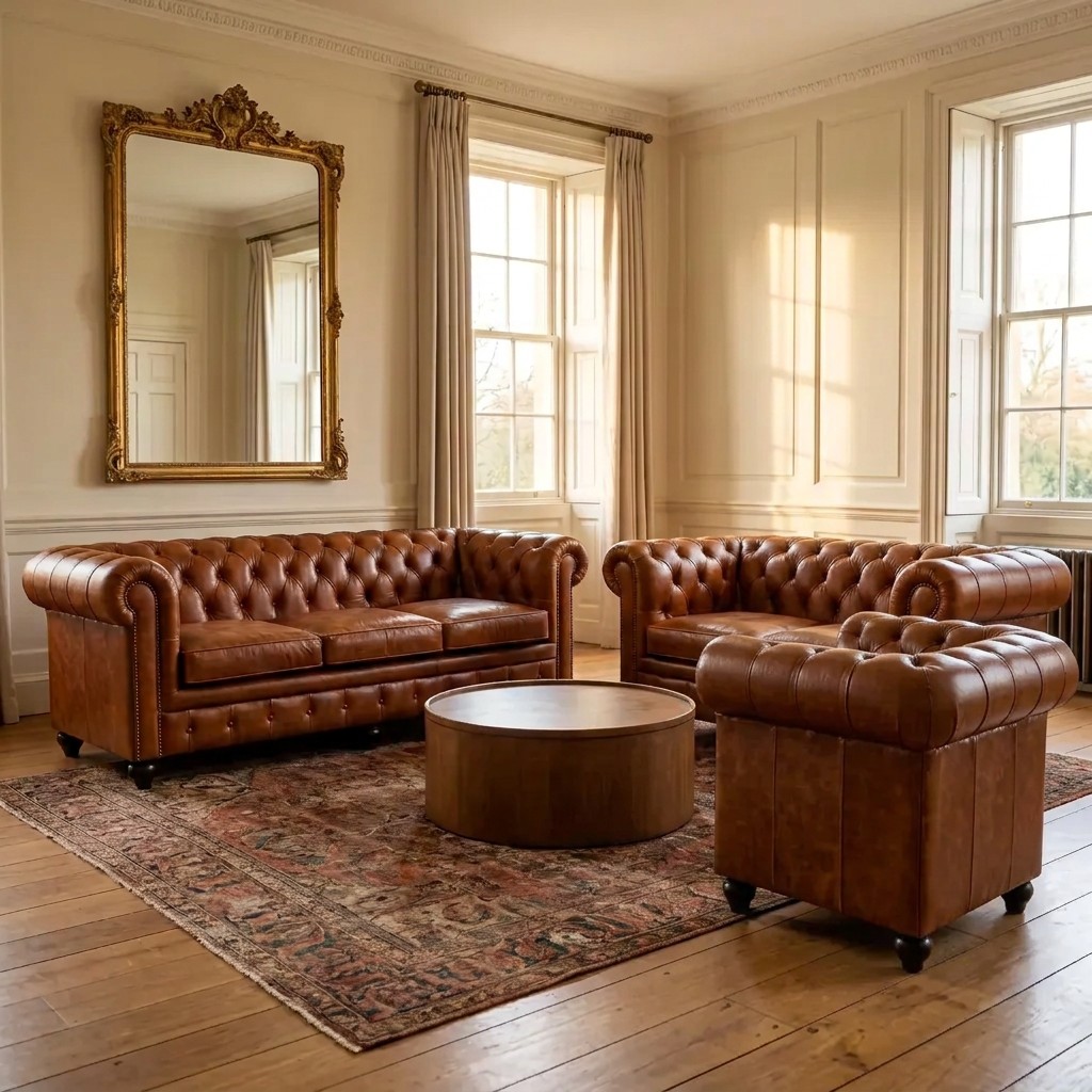 The Harrington 3-seater, Ashby loveseat and Beaumont armchair together in Aged Tan leather, in a bright living room