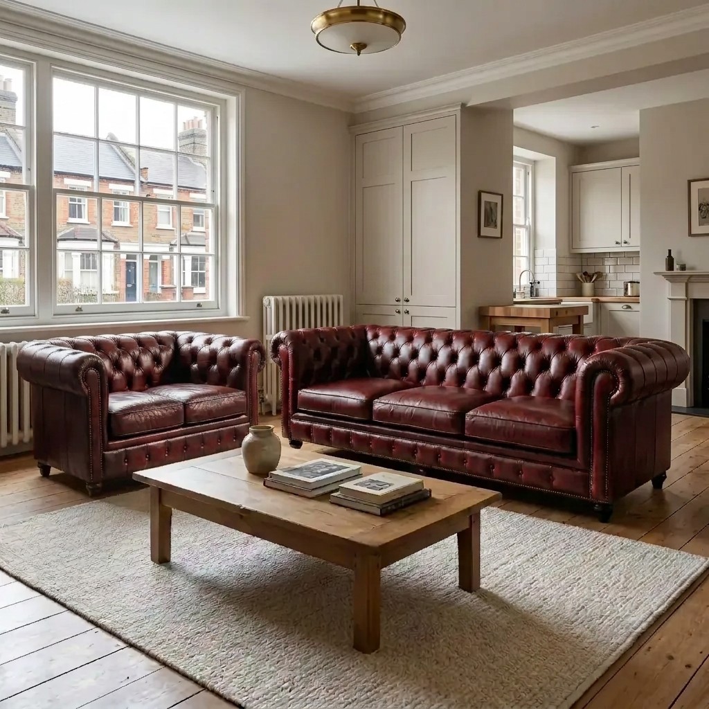 The Whitmore 4-seater and Ashby loveseat together in Oxblood Red leather, in a bright terraced-house living room